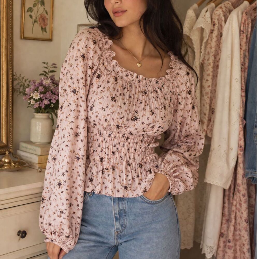 Madewell Sophia Top in Bouquet Floral Medium Ruffle Neck Puff Sleeve Cottagecore